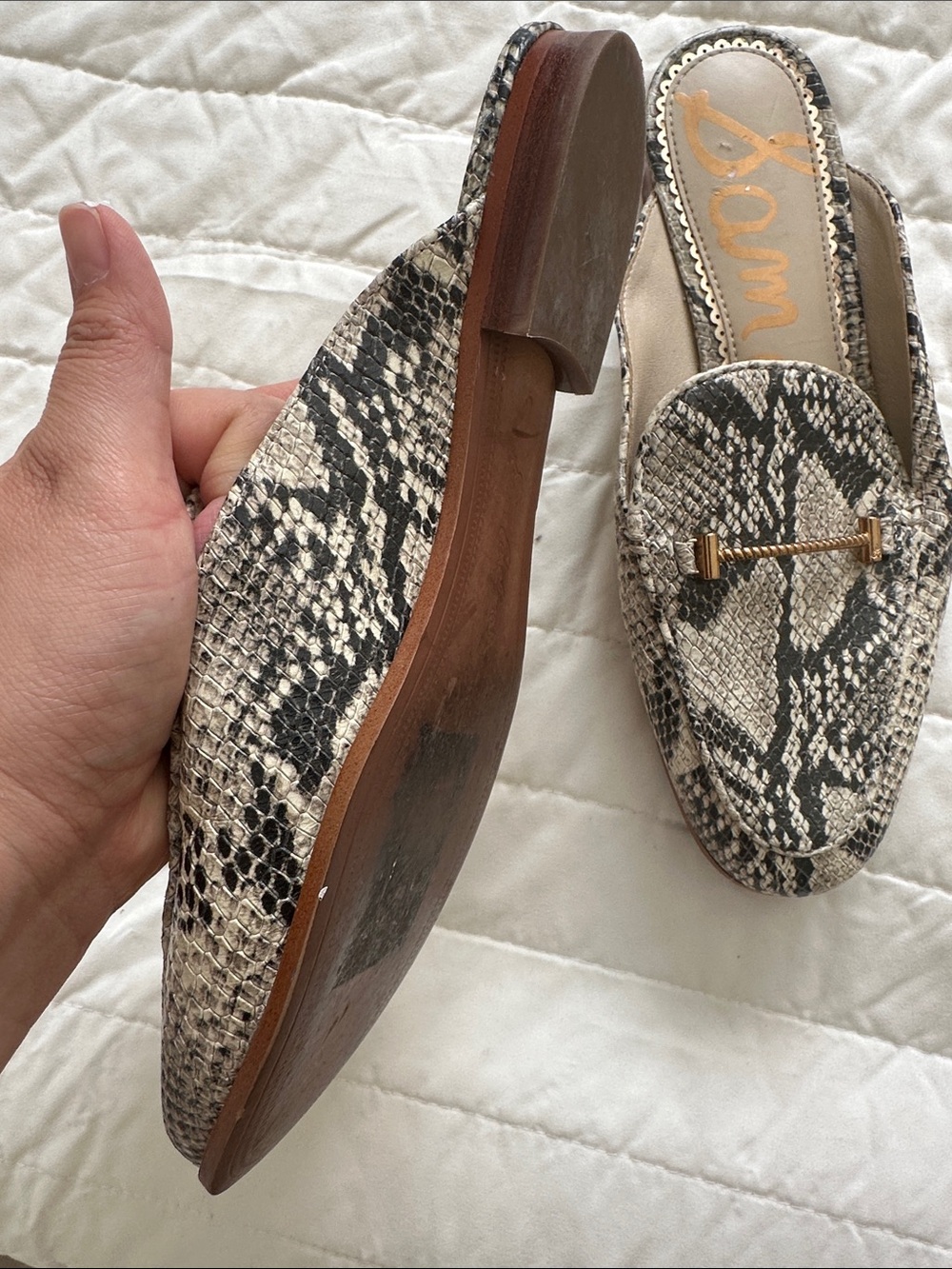 Sam Edelman Snake-Print Backless Mules with Gold Accent - Beige & Black - Picture 5 of 8